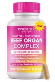 Pink Stork Beef Organ bottle promotes energy and wellness with real-food nutrients.