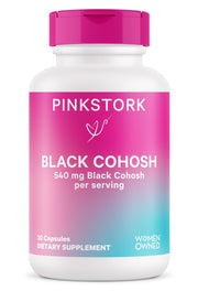 Pink Stork Black Cohosh bottle front showing 540 mg capsules for menopause support.