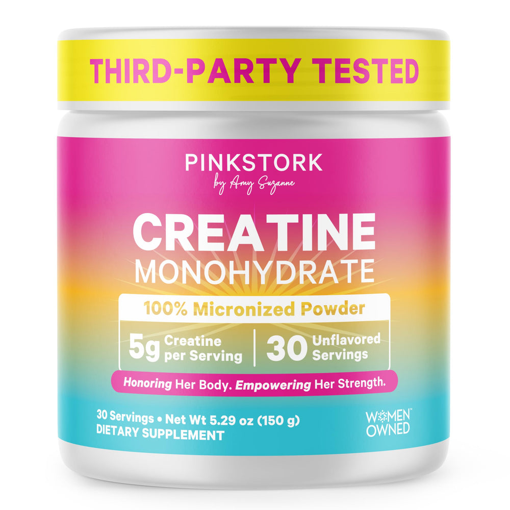 Pink Stork Creatine Monohydrate bottle pouring for easy dosing