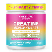 Pink Stork Creatine Monohydrate bottle pouring for easy dosing
