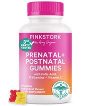 Pink Stork fertility prenatal postnatal gummies packshot for daily support.