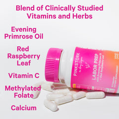Pink Stork Labor Prep bottle with raspberry leaf for uterine health support.