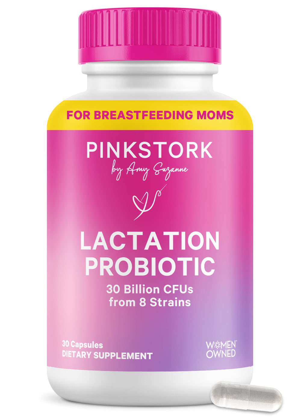 Pink Stork Lactation Probiotic bottle for nursing moms, supports gut balance.