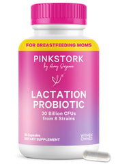 Pink Stork Lactation Probiotic bottle for nursing moms, supports gut balance.
