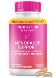 Pink Stork Menopause Support bottle front may support non-hormonal balance for hot flashes.
