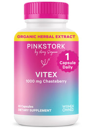 Pink Stork Organic Vitex 1000mg bottle close-up for hormonal balance support