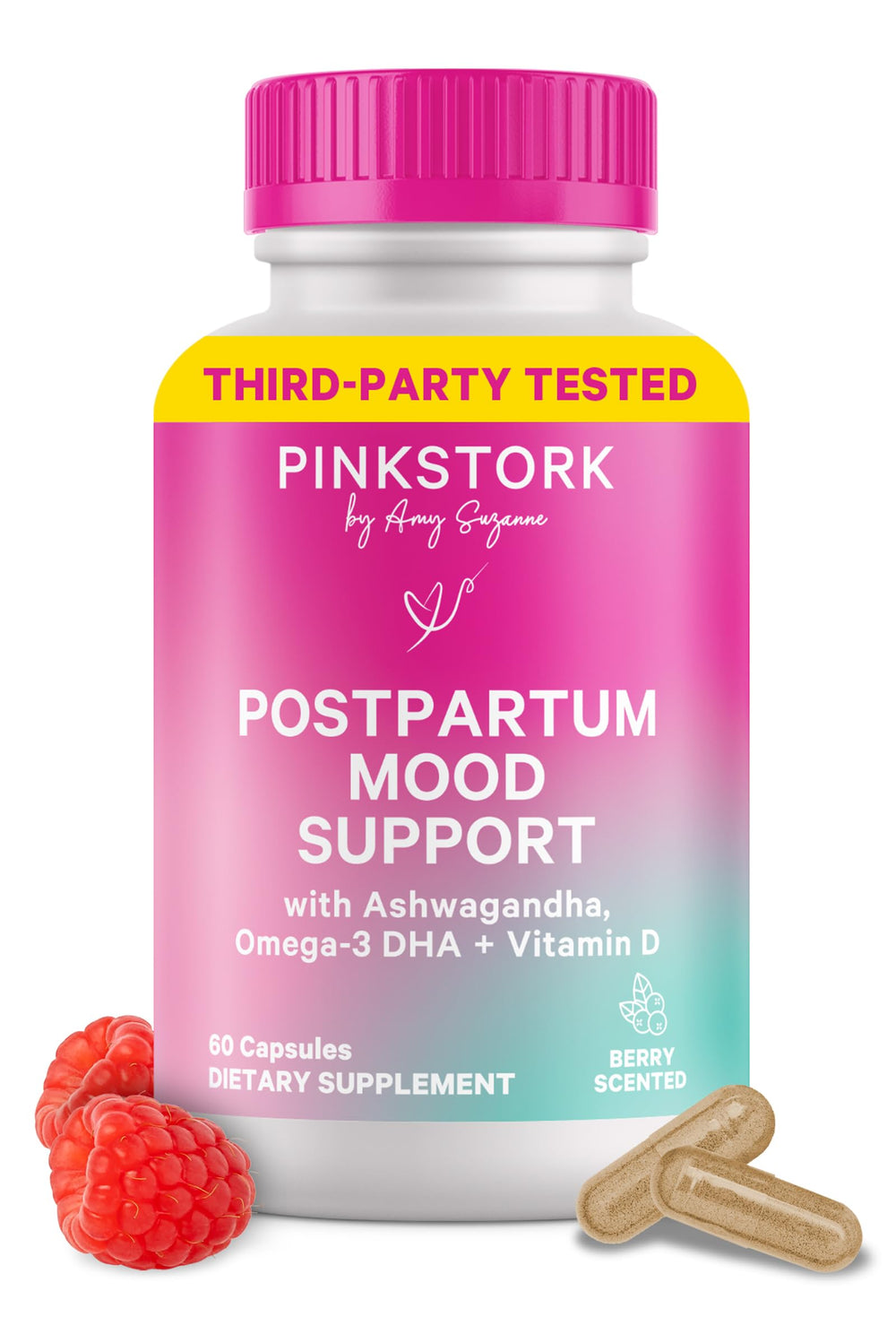 Pink Stork Postpartum Mood Support bottle close-up for hormonal balance.