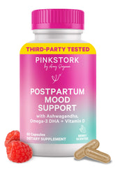 Pink Stork Postpartum Mood Support bottle close-up for hormonal balance.
