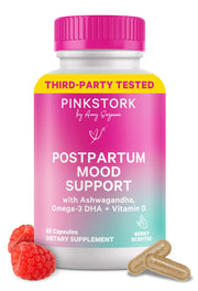 Pink Stork Postpartum Mood Support bottle close-up for hormonal balance.