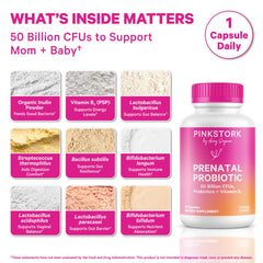 Pink Stork probiotic capsules emphasizing 50B CFU for gut health throughout pregnancy.