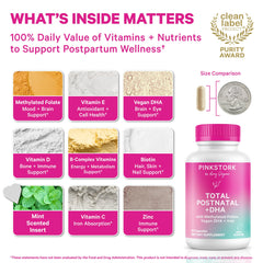 Pink Stork Total Postnatal capsules close-up for gentle postpartum support.