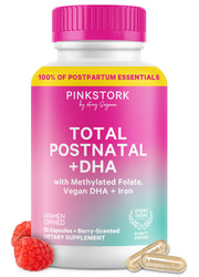 Pink Stork Total Postnatal Vitamin bottle for mom's daily nutrition.