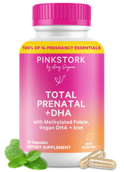 Pink Stork Total Prenatal bottle closeup showing easy-to-swallow capsules for daily care.