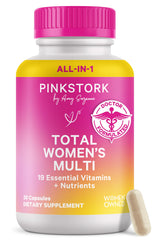 Pink Stork Total Women's Multivitamin bottle promotes daily energy and wellness.