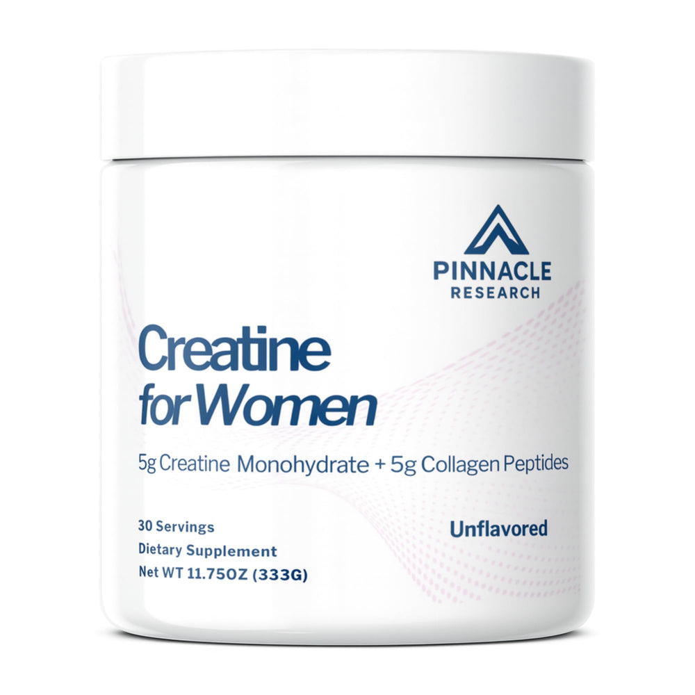 Pinnacle Research Creatine for Women bottle shows lean muscle support and daily convenience.