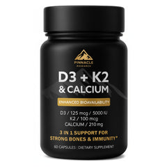 Pinnacle Research Vitamin D3 + K2 bottle front view supports bone and heart health