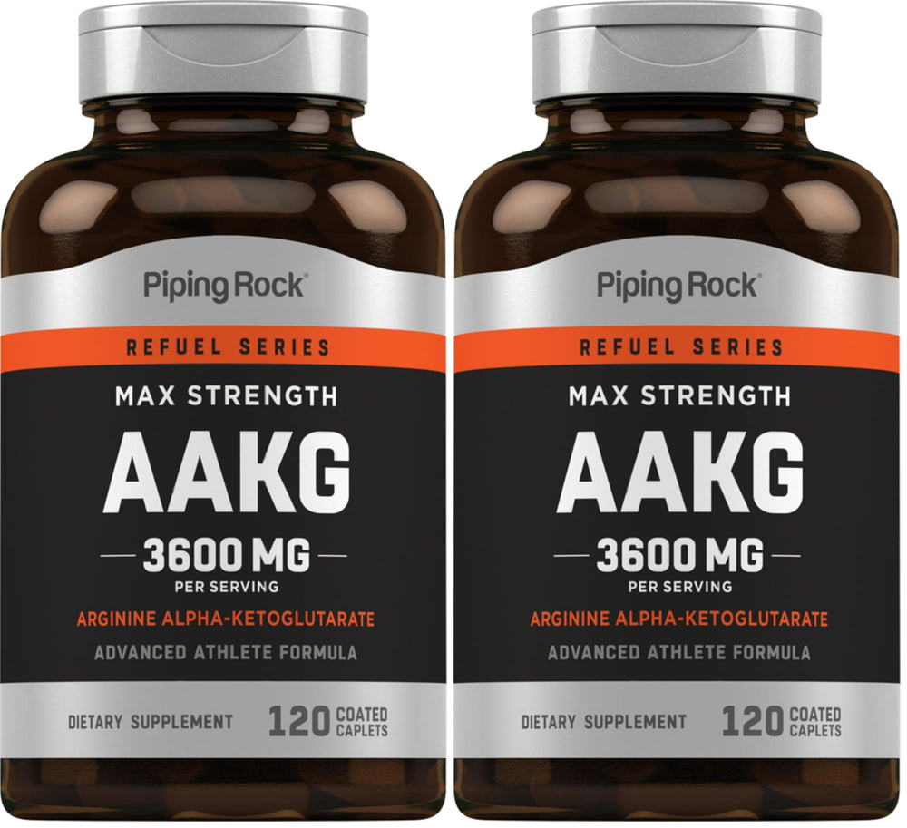 Piping Rock AAKG bottle front highlighting 3600 mg per serving for athletic use