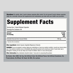 Piping Rock charcoal capsules close-up highlighting 780 mg potency.
