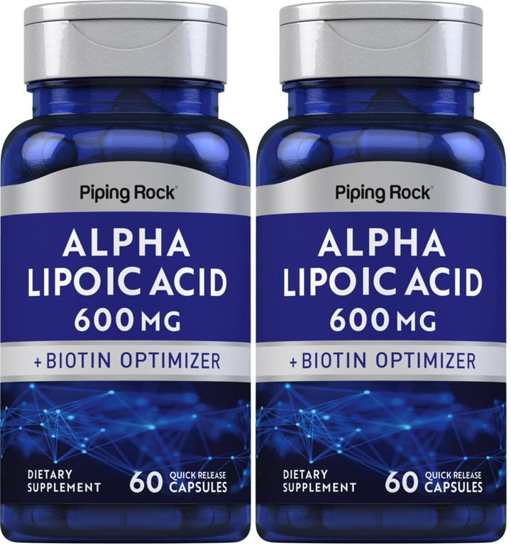 Piping Rock Alpha Lipoic Acid 600mg bottle with quick-release capsules for daily use.