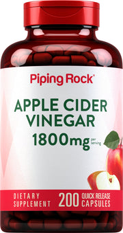 Piping Rock Apple Cider Vinegar Capsules bottle shows 1800 mg formula for daily wellness on the go.