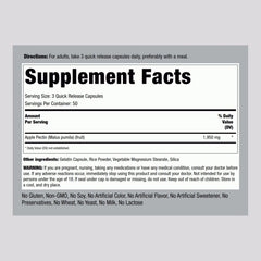 Piping Rock Apple Pectin Capsules bottle back, ingredient details and gluten free promise.
