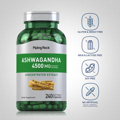 Piping Rock Ashwagandha bottle label detail highlighting non-GMO and gluten-free.