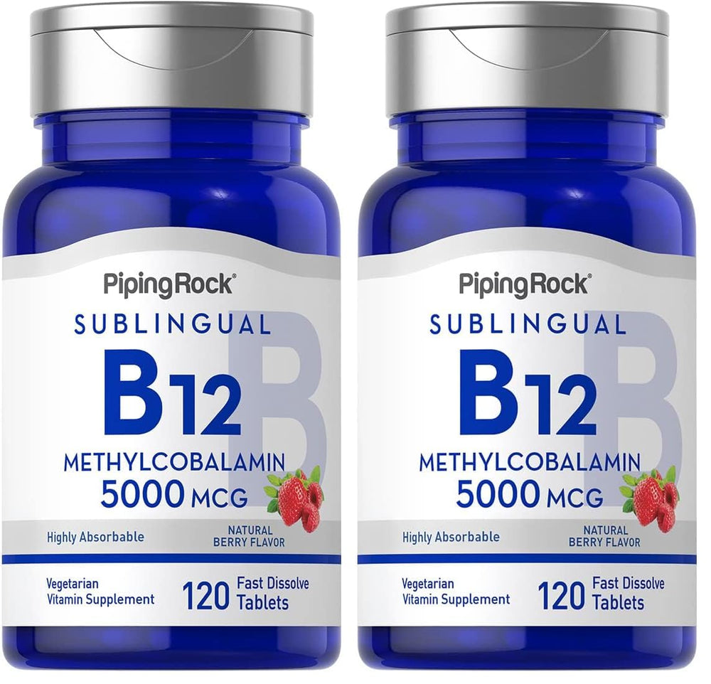 Piping Rock B12 bottle with berry flavor highlights easy daily dosing.