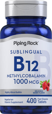 Piping Rock Vitamin B12 Sublingual tablets berry flavor dissolve quickly for daily use.