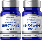 Piping Rock Benfotiamine 300mg capsules close-up, quick-release design for daily use.
