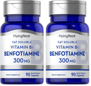 Piping Rock Benfotiamine 300mg capsules close-up, quick-release design for daily use.