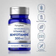 Piping Rock Benfotiamine 300mg label detail highlights advanced grade formulation.
