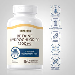 Piping Rock Betaine HCL capsules label highlights non-GMO gluten-free formulation