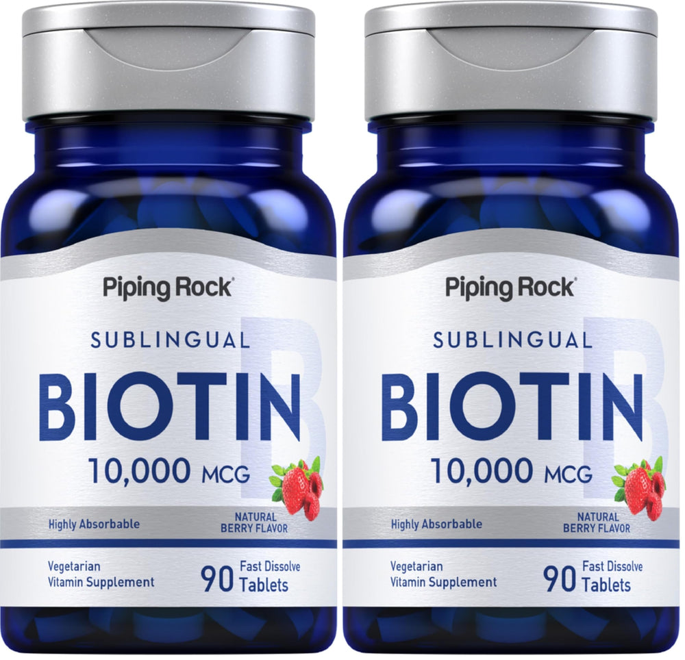 Piping Rock Biotin 10000mcg fast dissolve bottle for convenient daily use.