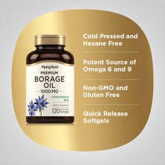 Piping Rock Borage Oil label detail showing cold-pressed, hexane-free.