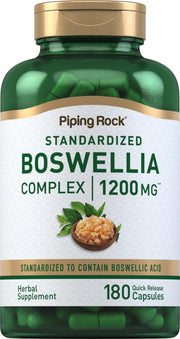 Piping Rock Boswellia Extract capsules showcase high-potency 1200 mg formula for daily use.