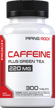 Piping Rock caffeine pills bottle showing 220mg for focused energy