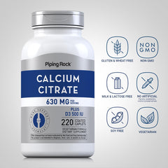 Piping Rock calcium citrate with vitamin D3 nutrition label emphasizes essential minerals