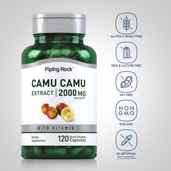 Piping Rock Camu Camu 2000mg capsules pour from bottle