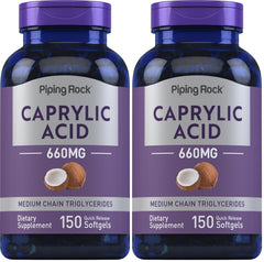 Piping Rock Caprylic Acid softgels bottle showing 660 mg per serving for keto use.