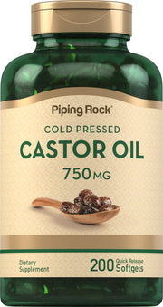 Piping Rock castor oil softgel bottle supports convenient daily use.