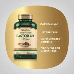 Piping Rock castor oil softgel box showcases non-GMO and gluten-free features.
