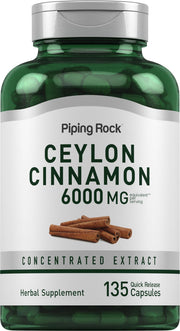 Piping Rock Ceylon Cinnamon 6000 mg bottle shows potent concentrated extract for daily wellness