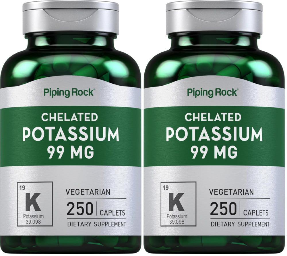 Piping Rock chelated potassium 99 mg bottle close-up for daily mineral support.