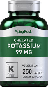Piping Rock chelated potassium bottle close-up highlighting 99 mg per caplet