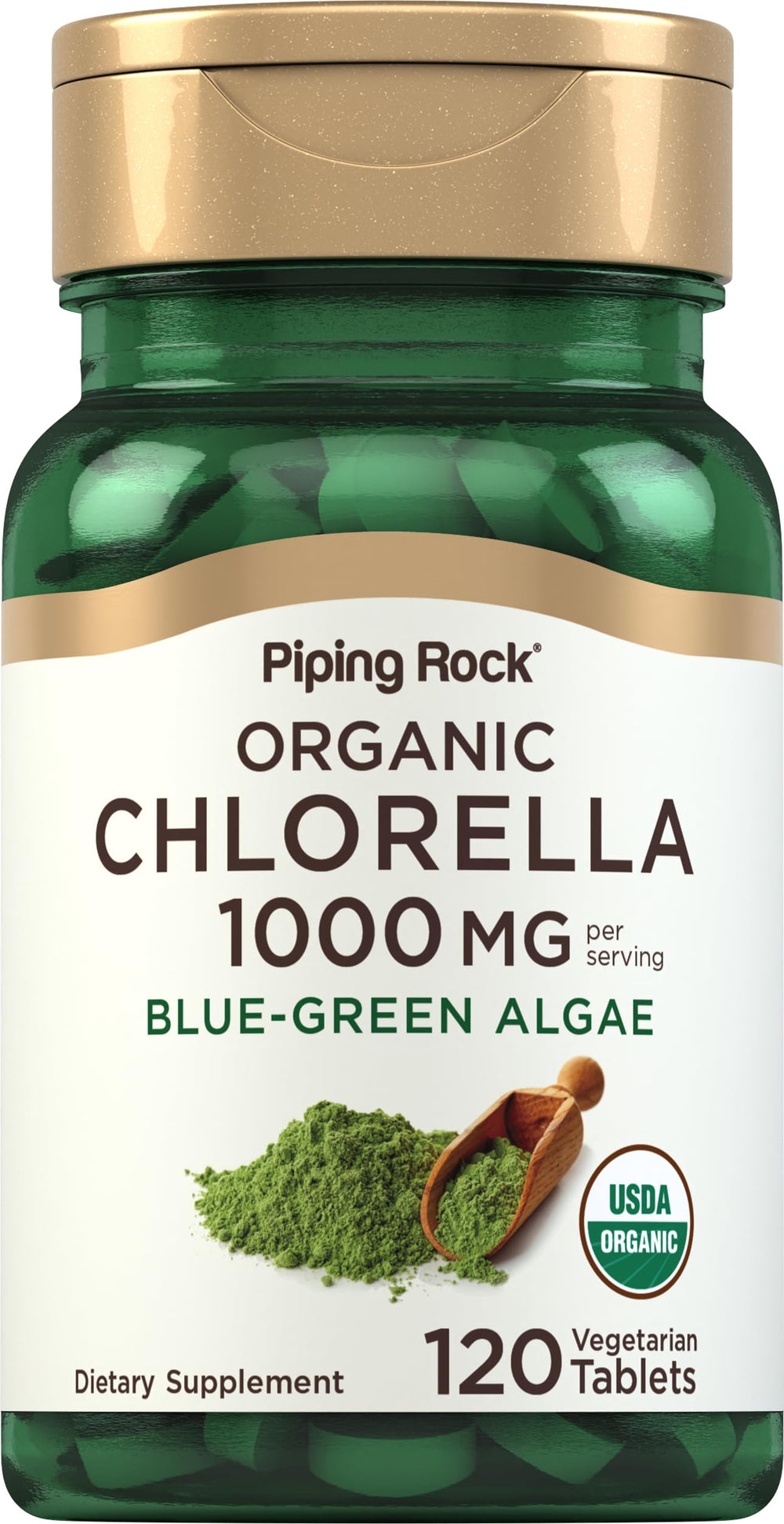 Piping Rock Chlorella 1000mg tablets close-up for daily greens and nutrient support