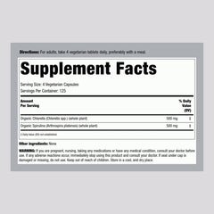 Piping Rock chlorella-spirulina Organic label closeup highlighting quality.