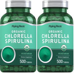Piping Rock Chlorella Spirulina Organic two-bottle pack, convenient daily supplement.