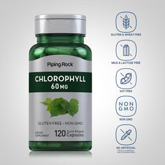 Piping Rock Chlorophyll Capsules dosage panel demonstrates quick-release capsules for easy daily intake.