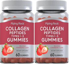 Piping Rock Collagen Gummies bottle highlight strawberry flavor for daily beauty support