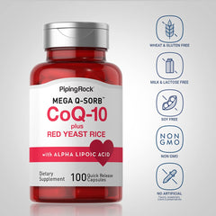 Piping Rock CoQ10 with Red Yeast Rice label close-up, therapeutic-grade quality